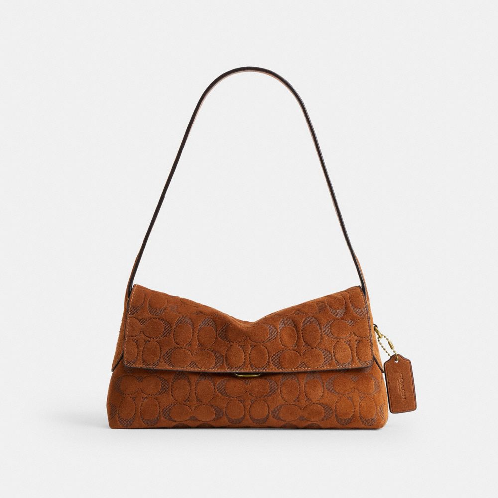 COACH®, チェルシー ショルダー バッグ 26・シグネチャー スエード, ショルダーバッグ,ﾌﾞﾗｽ/ﾀﾊﾞｺ,Front View