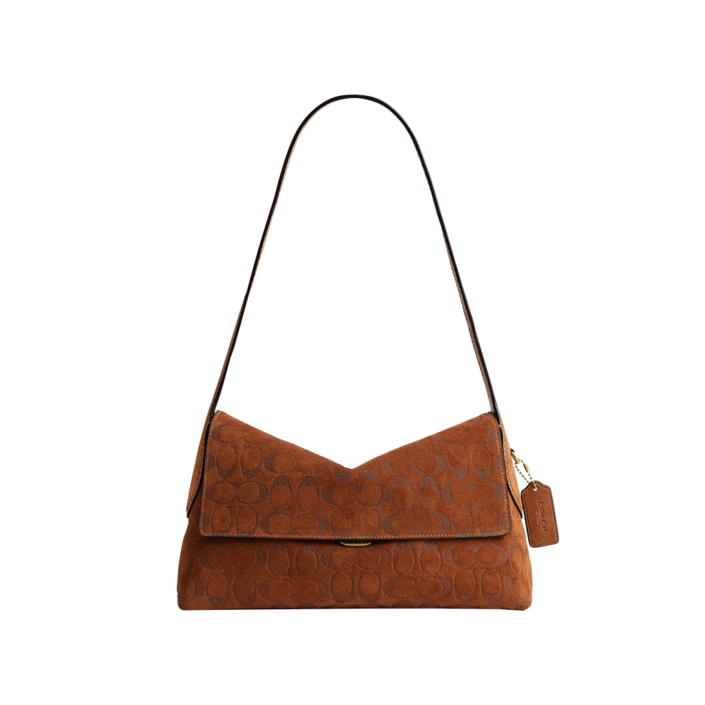 COACH®, チェルシー ショルダー バッグ 30・シグネチャー スエード, ショルダーバッグ,ﾌﾞﾗｽ/ﾀﾊﾞｺ,Front View