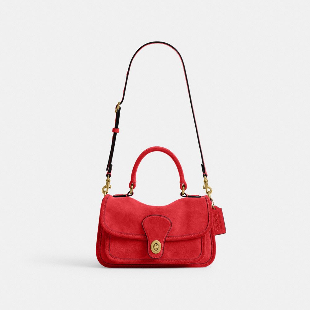 COACH®,Metropolitan Bag 24,Calfskin Leather,Suede,Satchel,Crossbody,Adjustable,Brass,Work,Red,Front View
