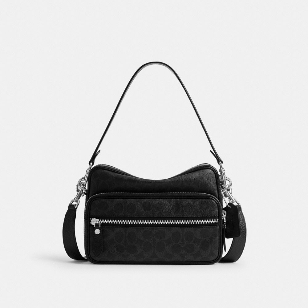COACH®,Borsa a Tracolla Dakota in Pelle Upcrafted Signature,Media,Nero Signature,Front View