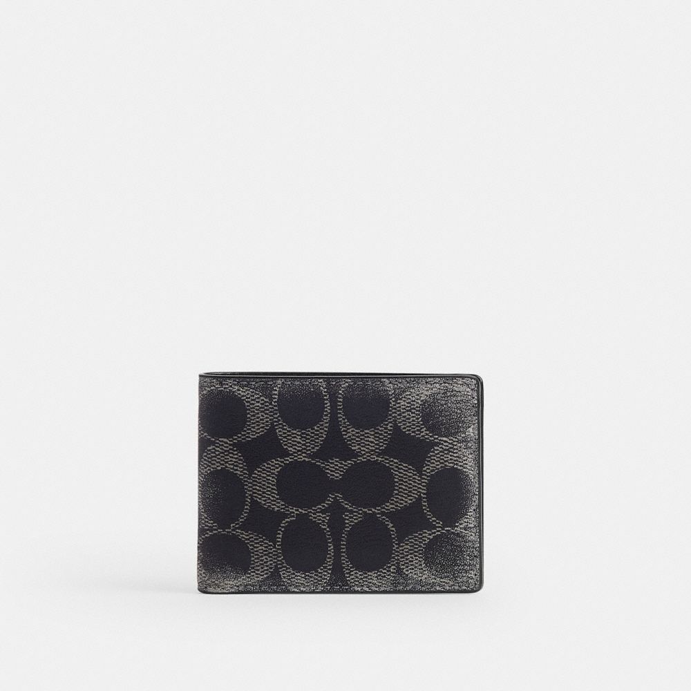 COACH®,Slim Billfold Wallet In Loved Signature,Leather,Bi Fold,Logo,Pattern,Casual,Black,Front View