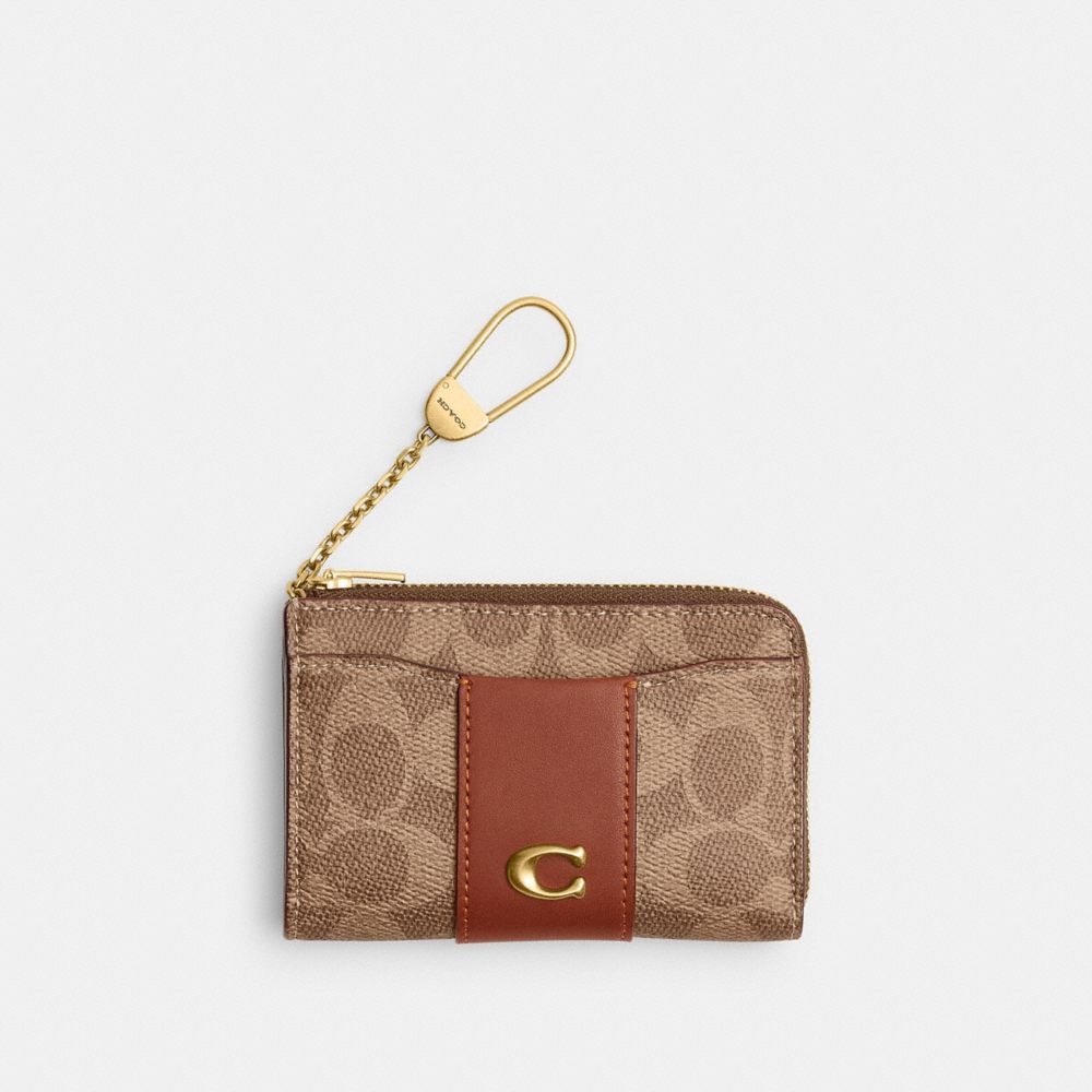 COACH®, エッセンシャル キー ジップ カード ケース・シグネチャー アップクラフトレザー, カードケース＆パスケース,ﾌﾞﾗｽ/ﾀﾝ ｷｬﾗﾒﾙ,Front View