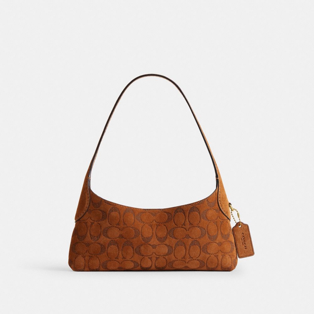 COACH®, ブルックリン ショルダー バッグ 26・シグネチャー スエード, ショルダーバッグ,ﾌﾞﾗｽ/ﾀﾊﾞｺ,Front View