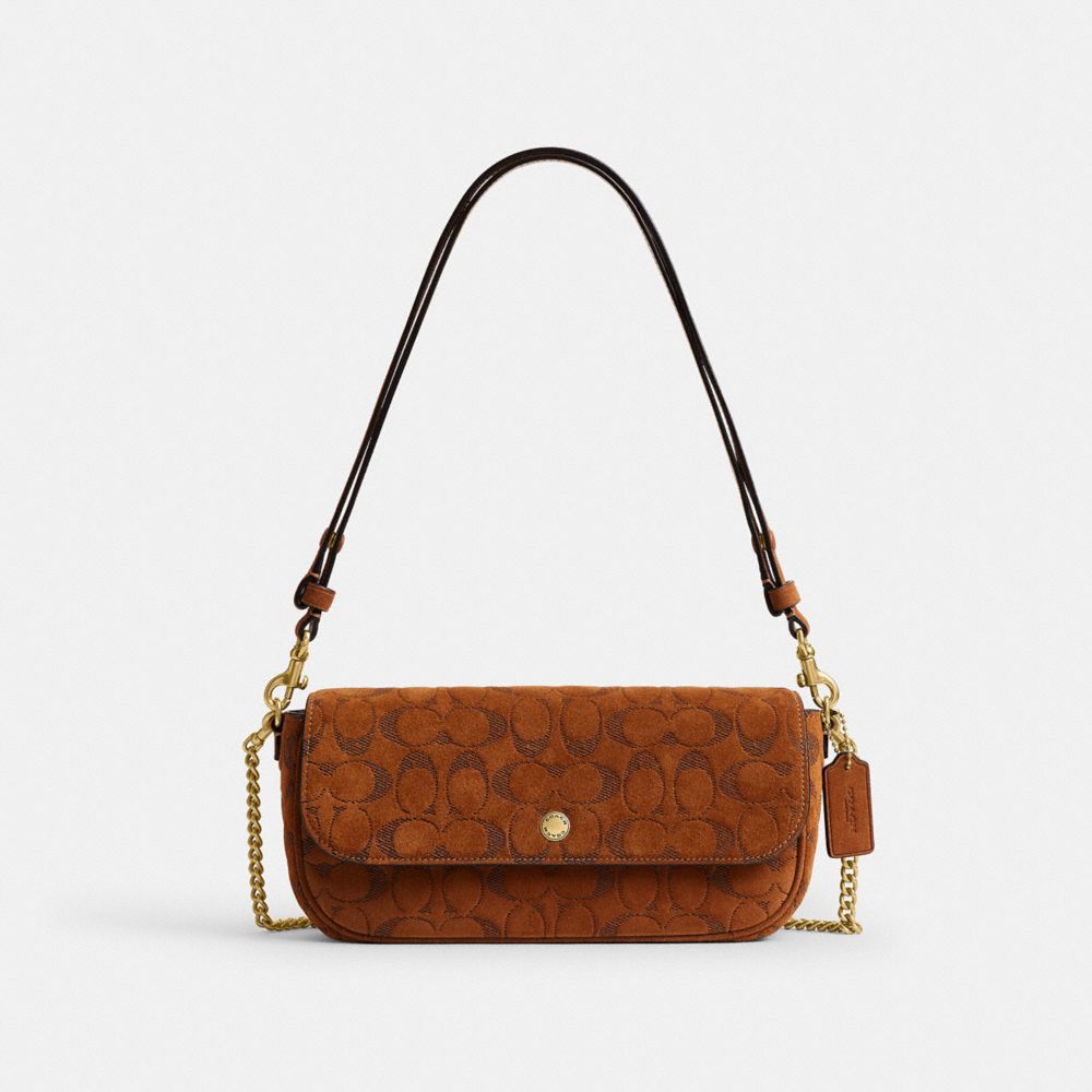 COACH®,Brook Flap Chain Bag In Signature Suede,Recycled Polyester,Calfskin Leather,Leather,Suede,Crossbody,Chain Detail,Embos,Brown,Front View