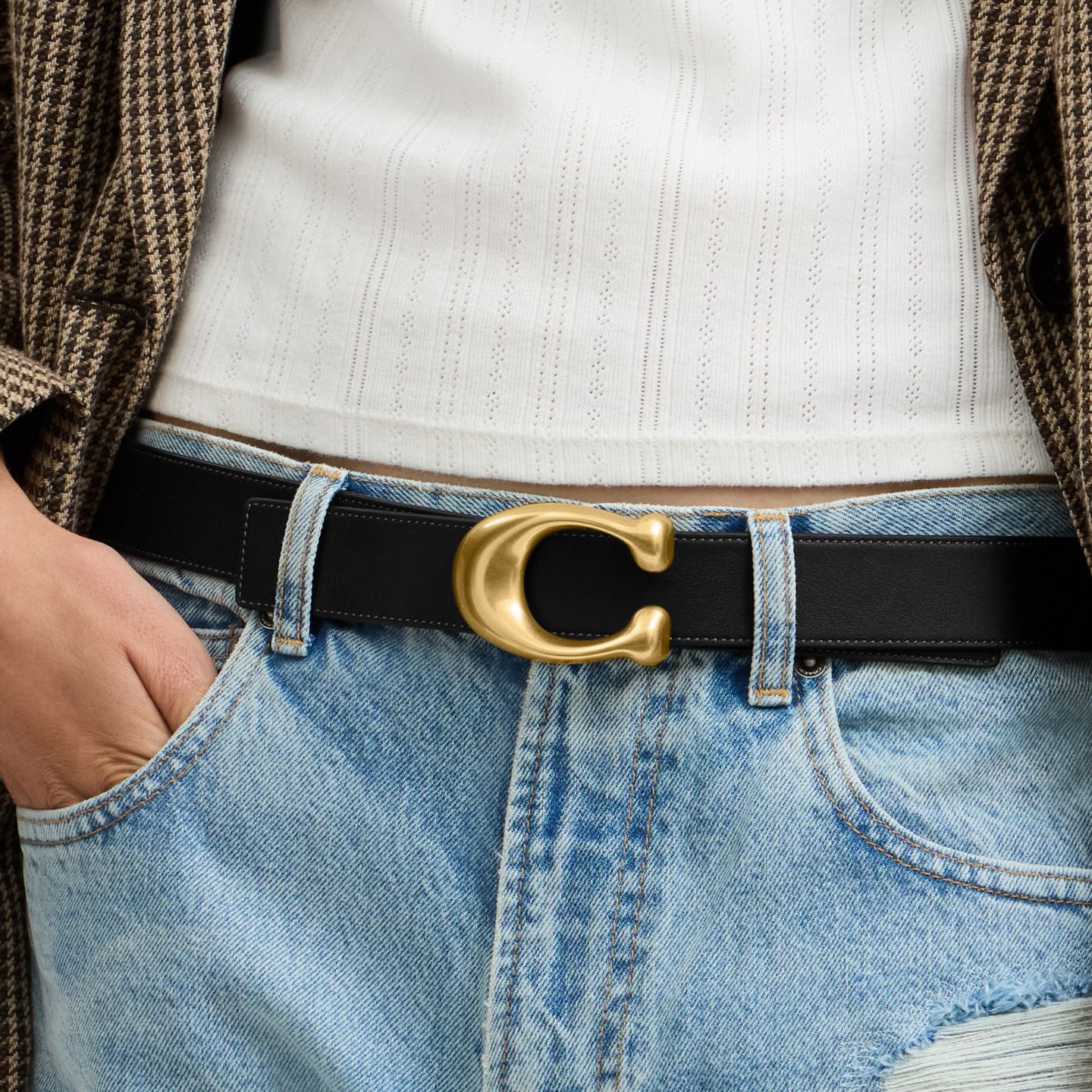 Женский ремень Coach Sculpted C Buckle Reversible Belt, 32MM, цвет: Латунный / Кленовый чёрный — фото 4