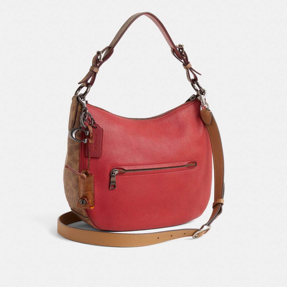 COACH®,Upcrafted Sutton Hobo With Signature Canvas Blocking,Red,Angle View