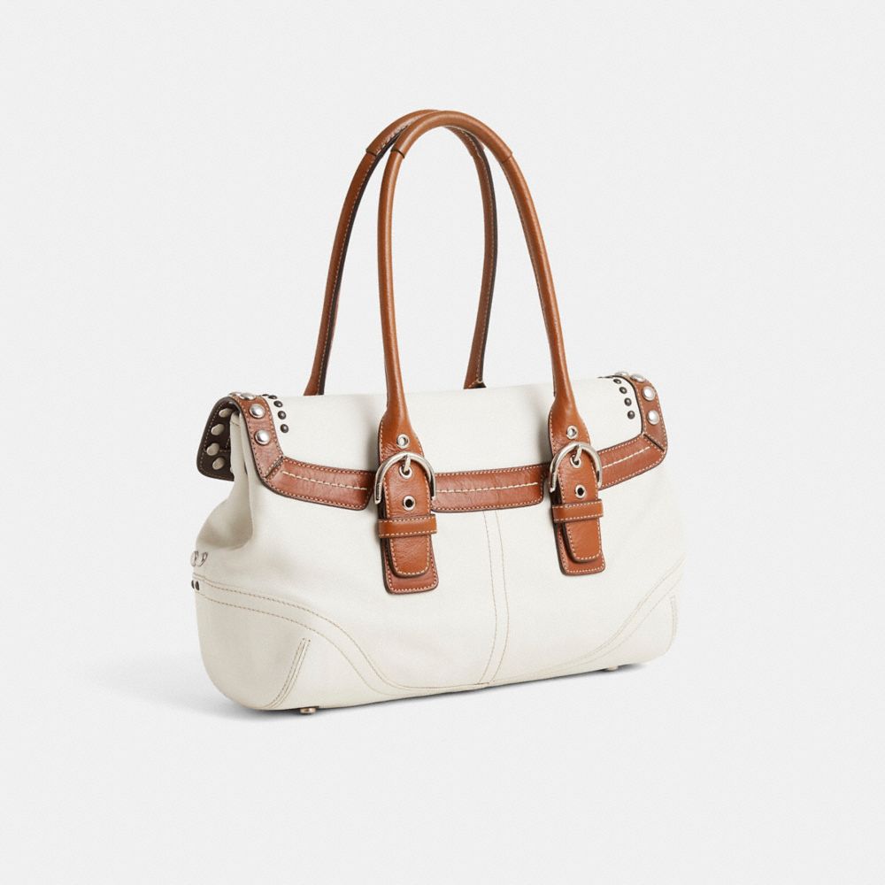 COACH®,Upcrafted Vintage Soho Leather Flap Satchel,White,Angle View
