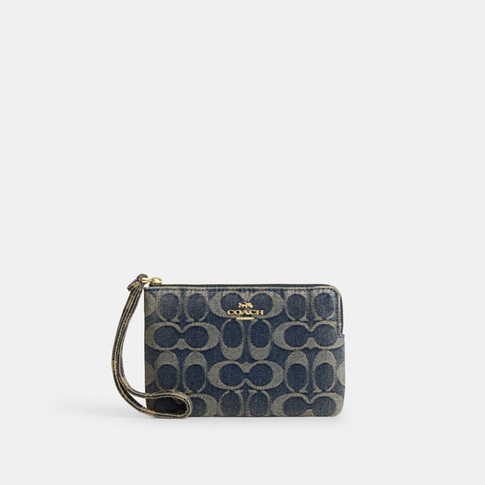 COACH®,Corner Zip In Signature Regenerative Cotton Denim,,Front View