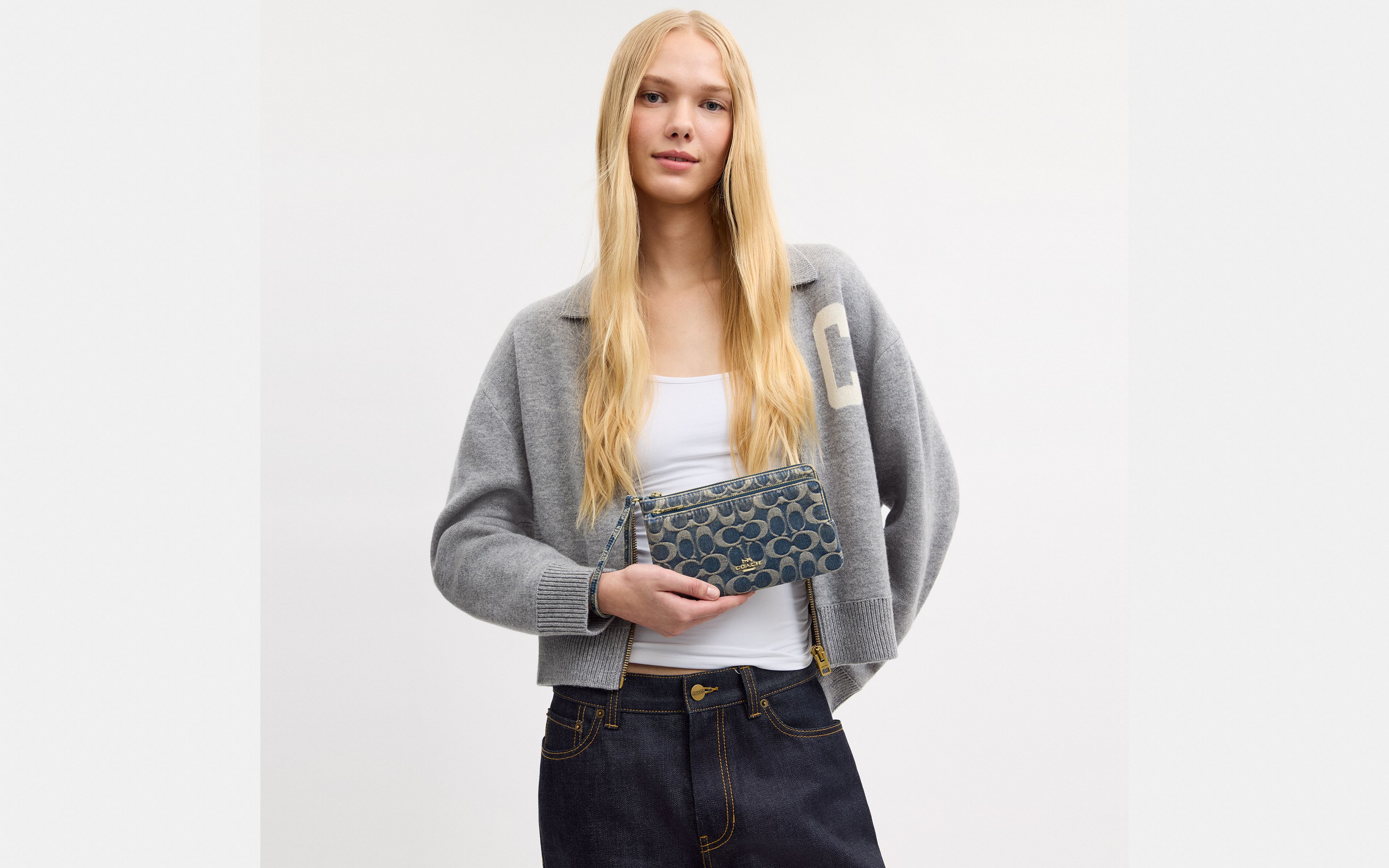Double Zip Wristlet In Signature Regenerative Cotton Denim