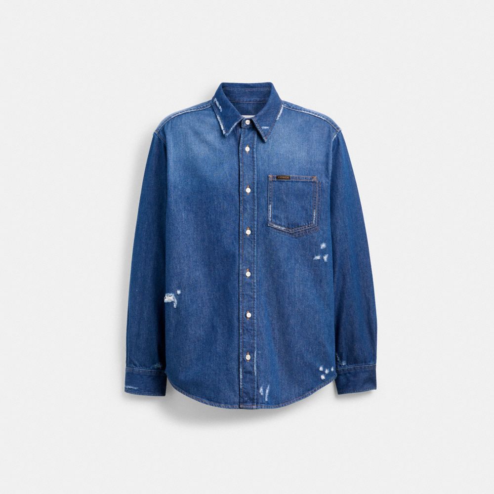 COACH®,Denim Shirt In Organic Cotton,Cotton,Organic Cotton,Button Down,Logo,Ripped,Eco-Friendly,Casual,Blue,Front View
