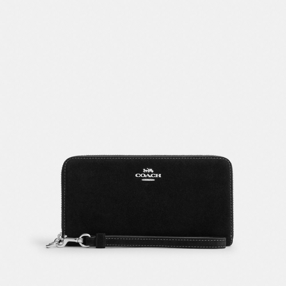 COACH®,Portefeuille Long Zippé,suede,Argenté/Noir,Front View