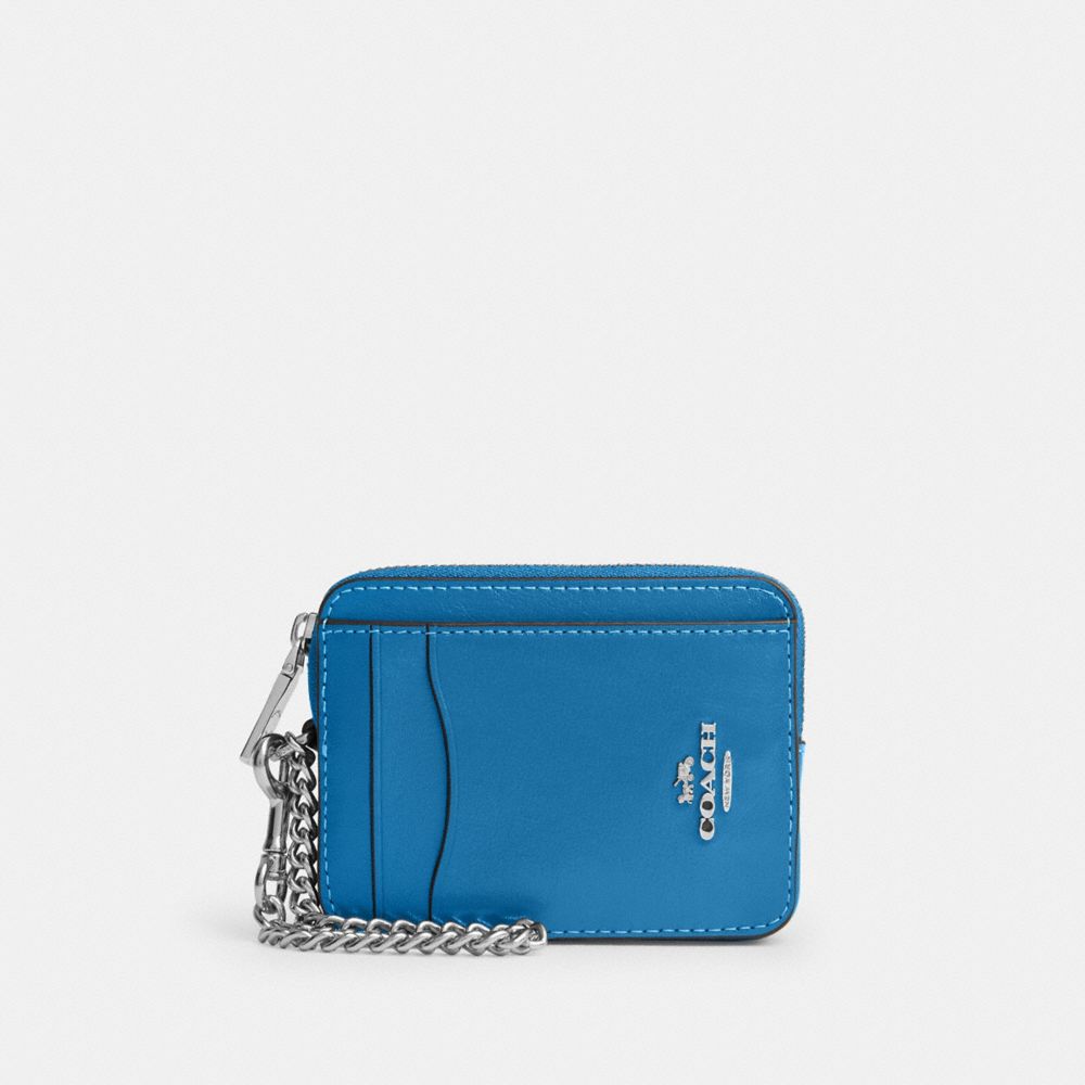 COACH®,Porte-cartes zippé,crinkle_leather,Petit wristlet,Argent/Geai bleu,Front View