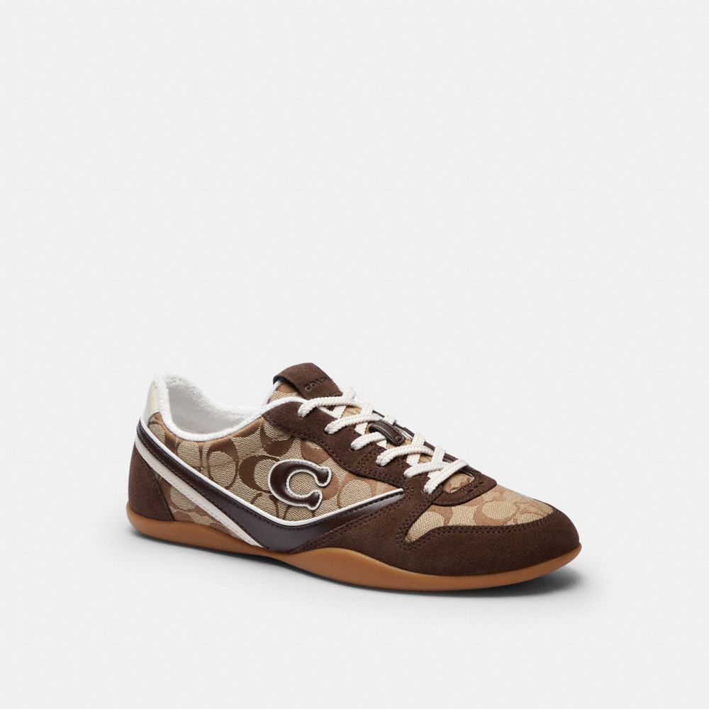 COACH®,Track Sneaker In Signature Jacquard,Organic Cotton,Recycled Polyester,Suede,Rubber,Activewear,Fabric,Logo,Traction,Sus,Brown,Front View