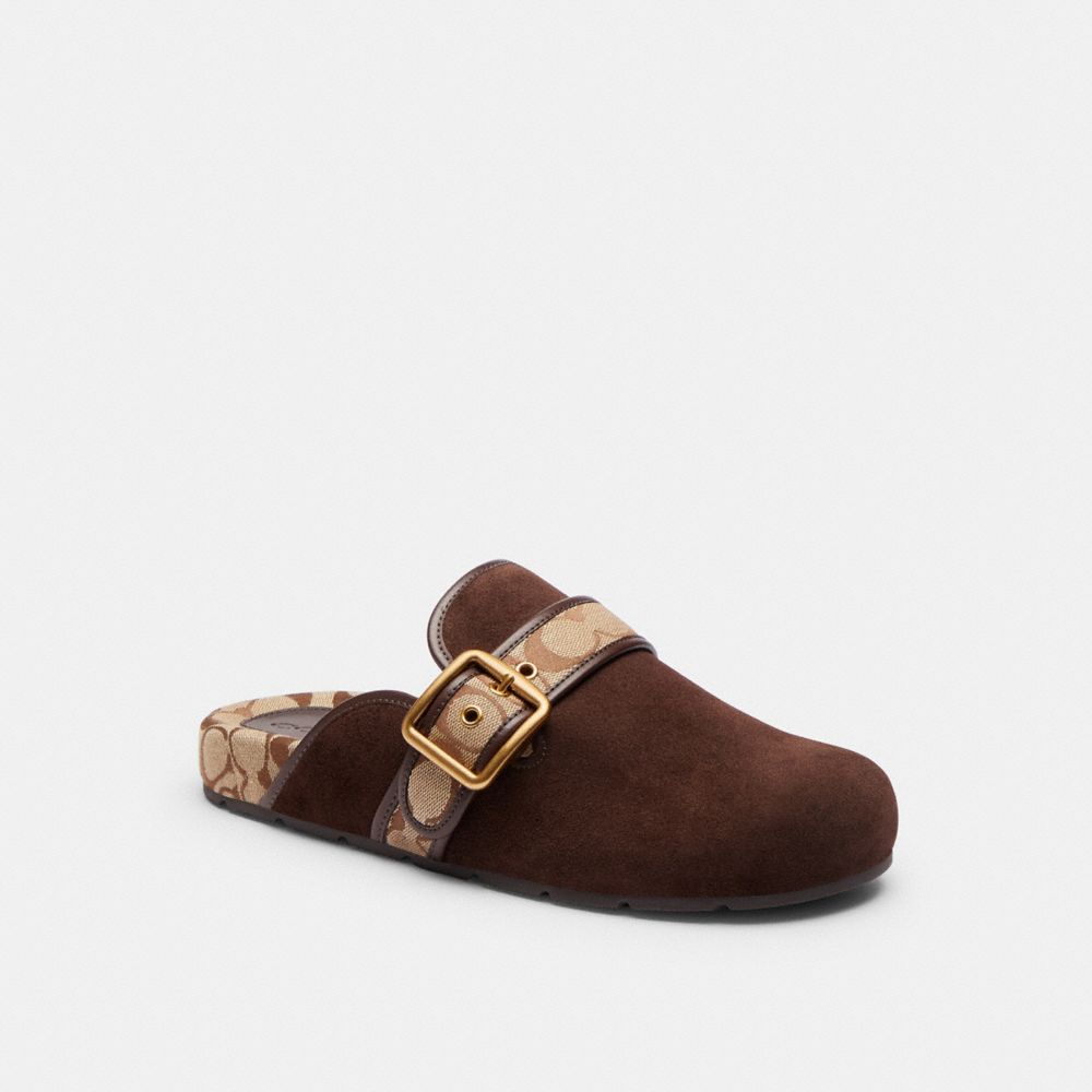 COACH®,Archival Buckle Clog With Signature Jacquard,Cotton,Polyester,Suede,Clogs,Pattern,Logo,Cushioned,Sustainable,Traction,,Brown,Front View