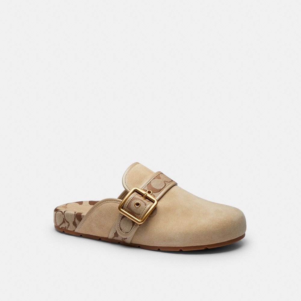 COACH®,Archival Buckle Clog With Signature Jacquard,Cotton,Polyester,Suede,Clogs,Pattern,Logo,Cushioned,Sustainable,Traction,,,Front View