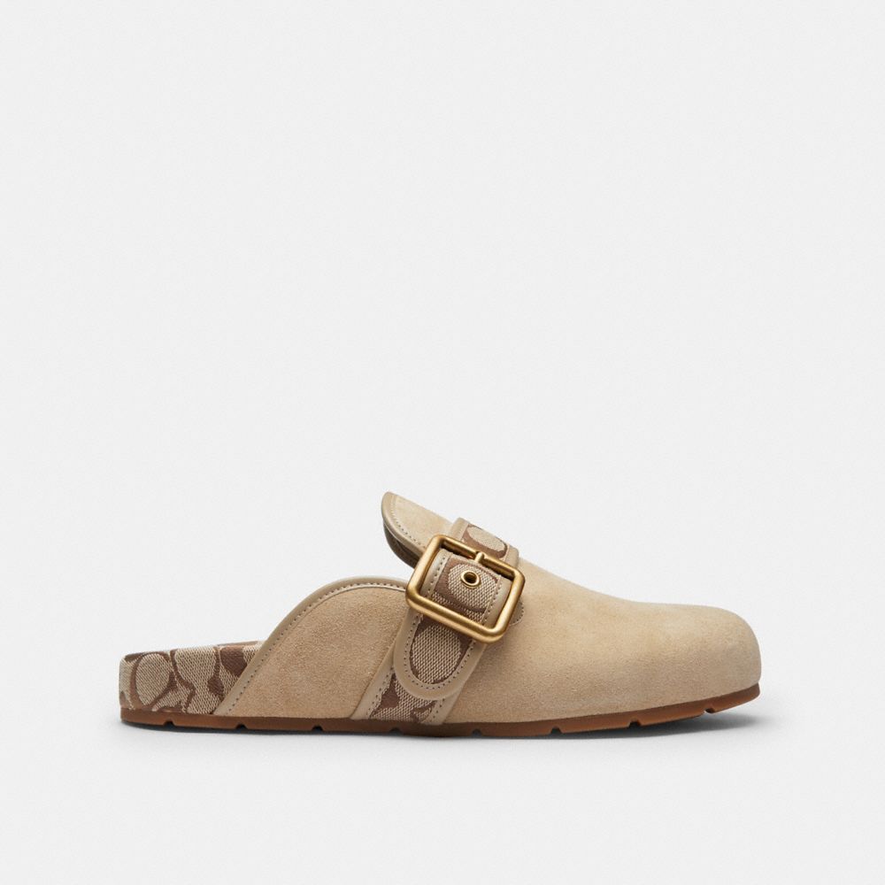 COACH®,Archival Buckle Clog With Signature Jacquard,Cotton,Polyester,Suede,Clogs,Pattern,Logo,Cushioned,Sustainable,Traction,,,Angle View