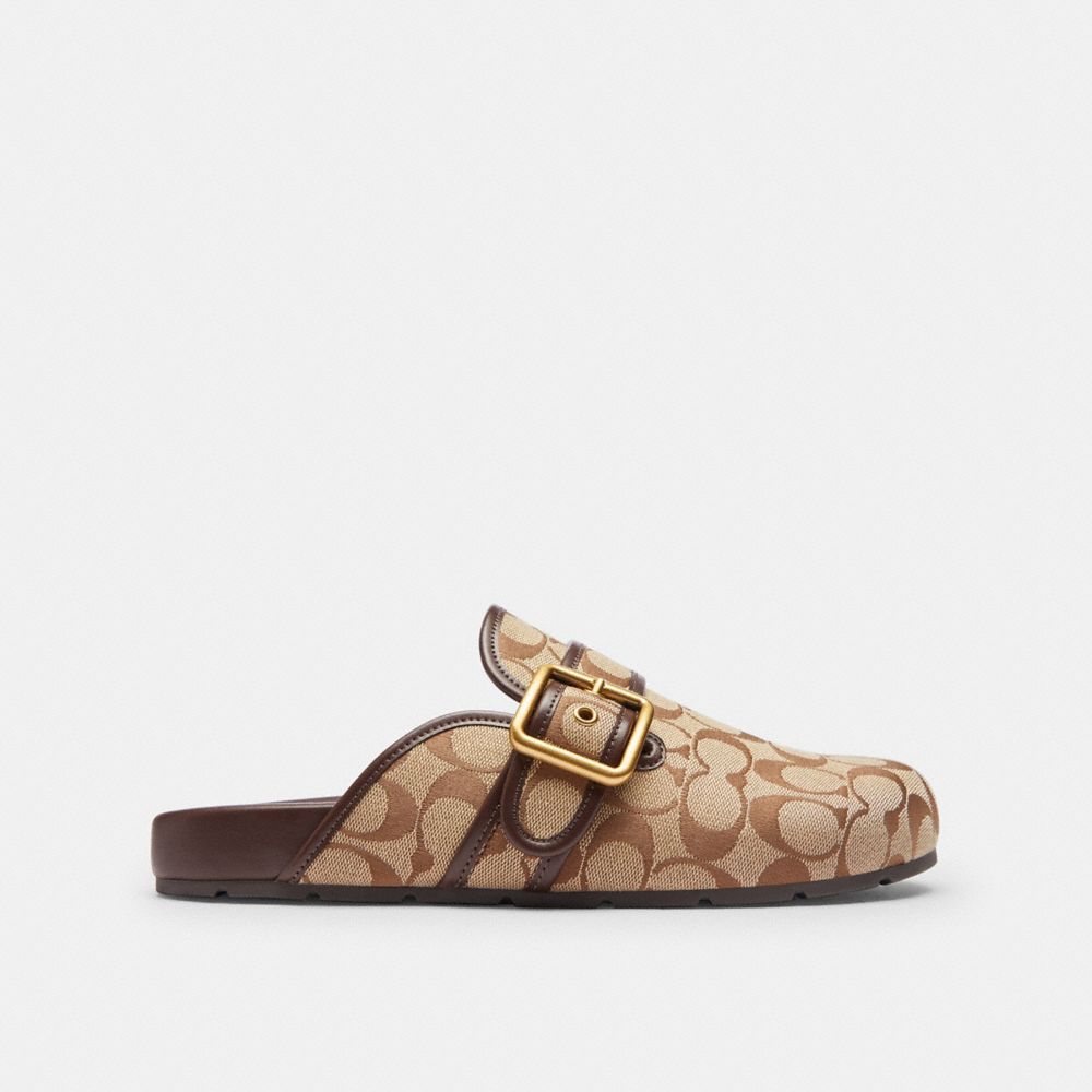 COACH®,Archival Buckle Clog With Signature Sateen Jacquard,Cotton,Recycled Polyester,Sateen,Clogs,Fabric,Logo,Sustainable,Cus,Beige,Angle View