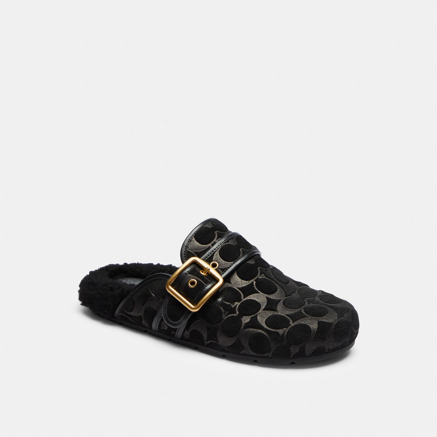 Женские сабо Coach Archival Buckle Clog With Signature Suede And Shearling, цвет: Чёрный — фото 1
