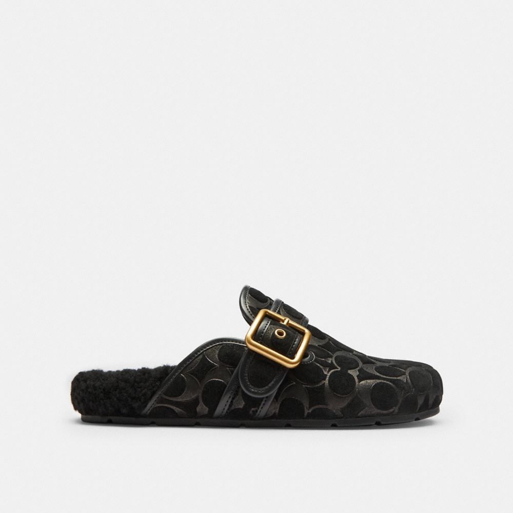 COACH®,Archival Buckle Clog With Signature Suede And Shearling,Shearling,Leather,Suede,Rubber,Clogs,Logo,Traction,Cushioned,I,Black,Angle View
