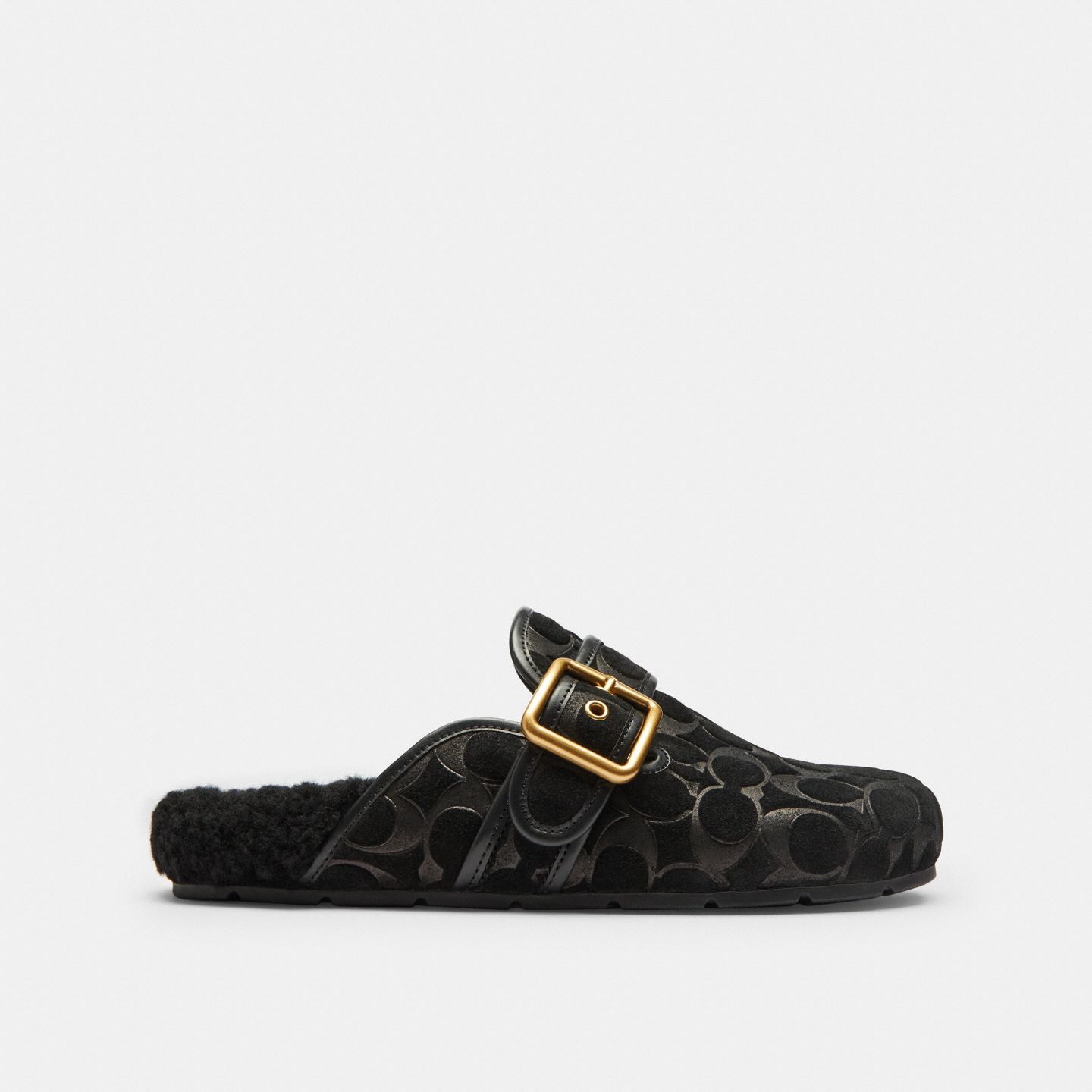 Женские сабо Coach Archival Buckle Clog With Signature Suede And Shearling, цвет: Чёрный — фото 2