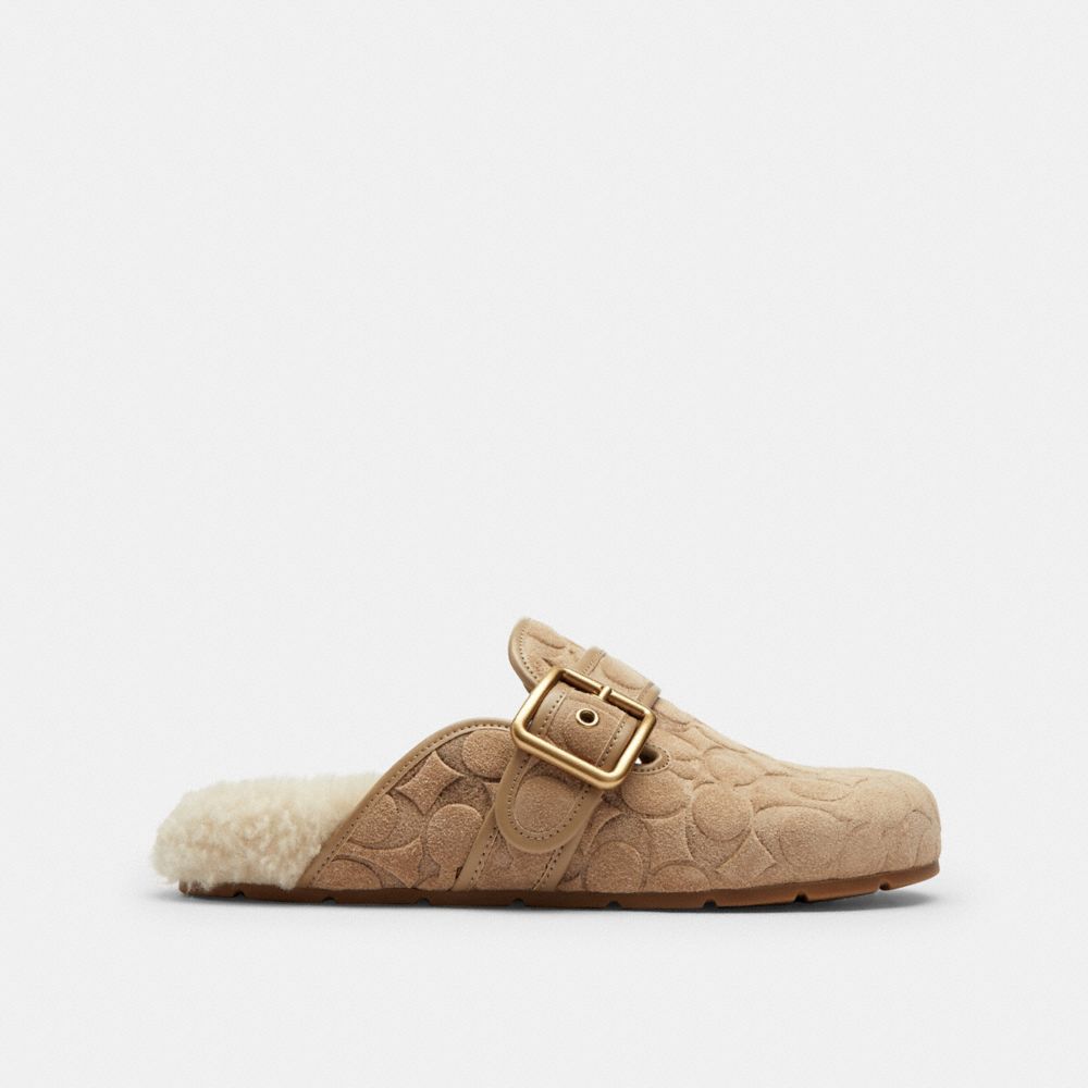 COACH®,Archival Buckle Clog With Signature Suede And Shearling,Shearling,Leather,Suede,Rubber,Clogs,Logo,Traction,Cushioned,I,Beige,Angle View