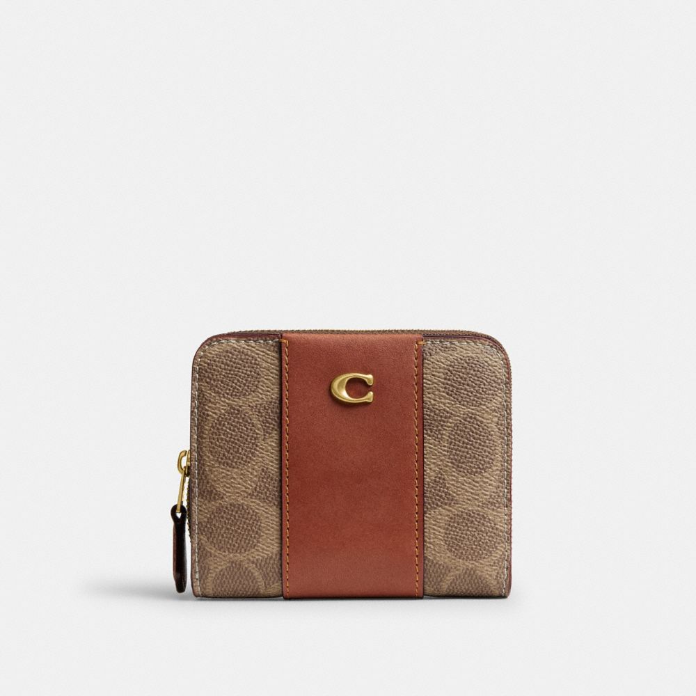 COACH®, エッセンシャル ビルフォールド ウォレット・シグネチャー アップクラフトレザー, ミニ財布(二つ/三つ折り),ﾌﾞﾗｽ/ﾀﾝ ｷｬﾗﾒﾙ,Front View
