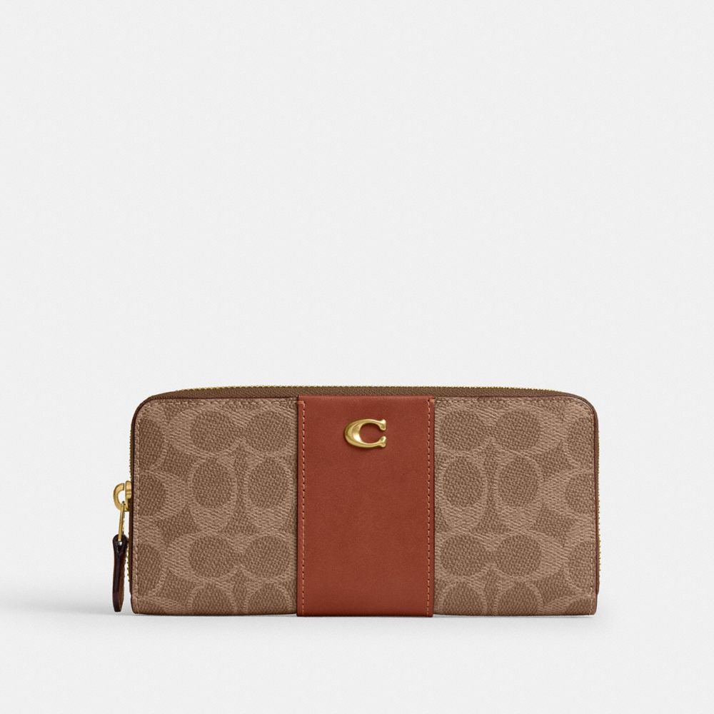 COACH®, エッセンシャル スリム アコーディオン ジップ ウォレット・シグネチャー アップクラフトレザー, 長財布,ﾌﾞﾗｽ/ﾀﾝ ｷｬﾗﾒﾙ,Front View