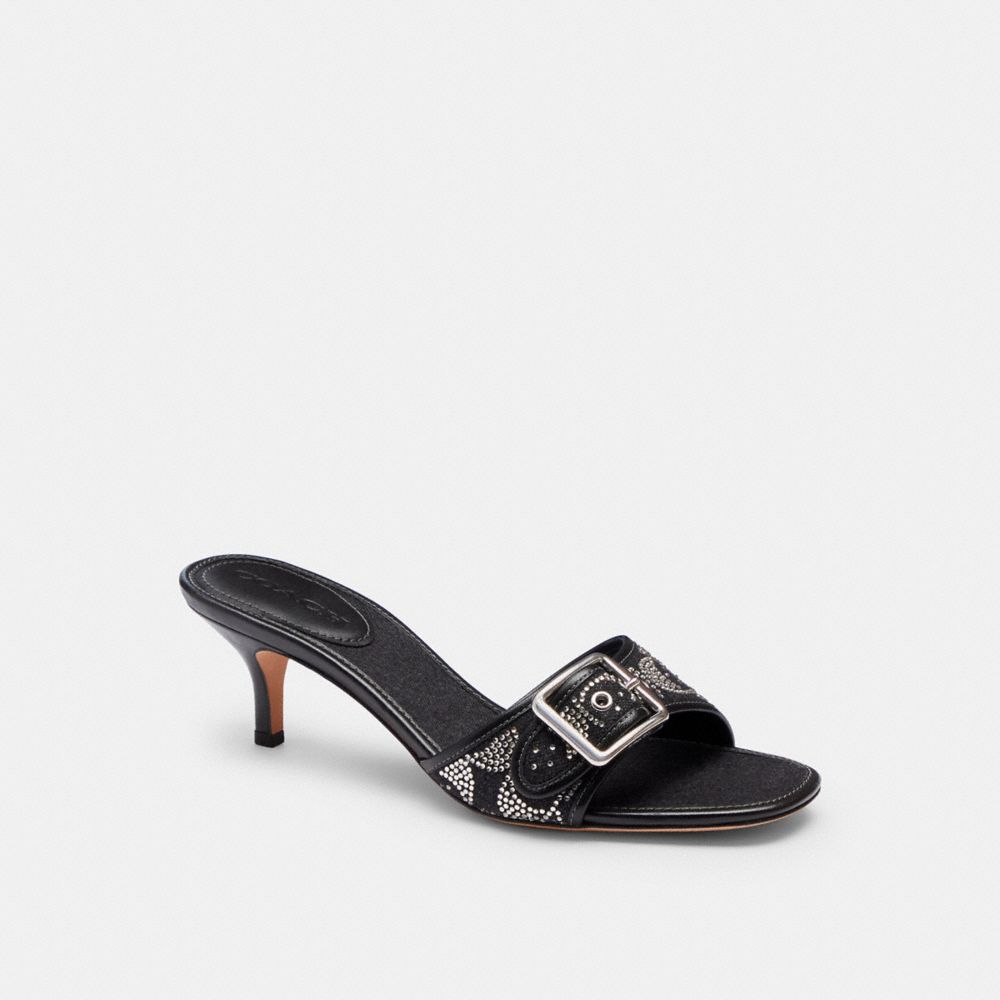 COACH®,Margot Sandal With Crystal Signature,Leather,Denim,Sandals,Fabric,Logo,Formal,Black,Front View