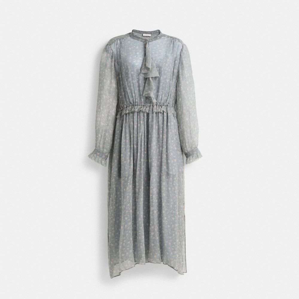 COACH®,Restored Ruffle Front Dress With Gathered Yoke,Gray,Front View