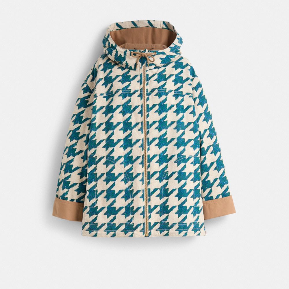 COACH®,Restored Houndstooth Hooded Jacket,Cotton,Polyester,Jacket,Zipper,Drawstring,Eco-Friendly,Ripstop,Casual,Multi Color,Front View