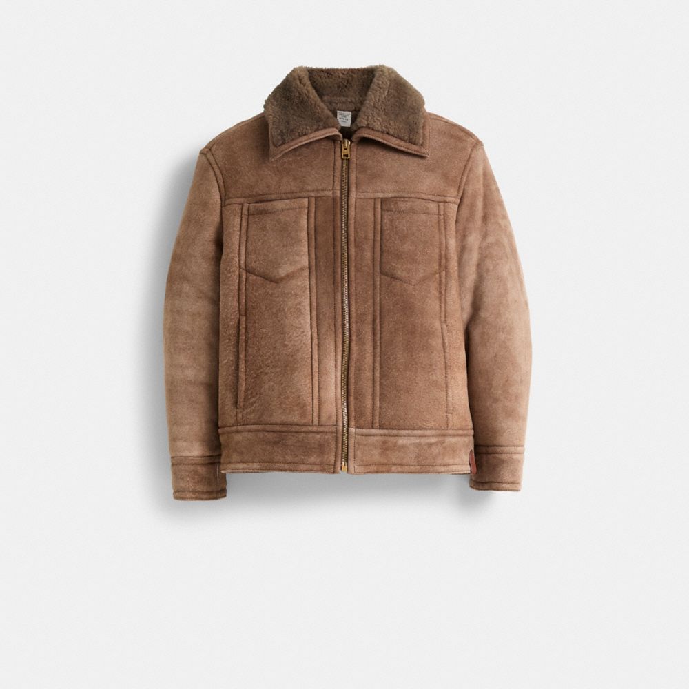 COACH®,Restored Shearling Trucker Jacket,Brown,Front View