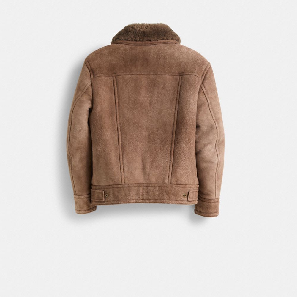 COACH®,Restored Shearling Trucker Jacket,Shearling,Leather,Jacket,Eco-Friendly,Casual,Brown,Back View