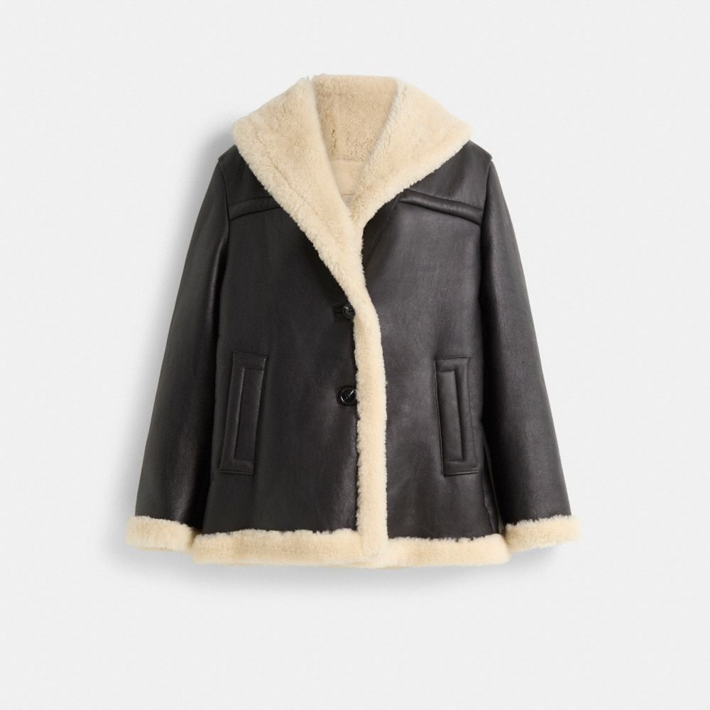 COACH®,Restored Shawl Collar Shearling Coat,Black,Front View