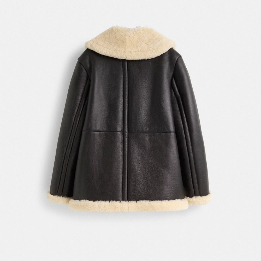 COACH®,Restored Shawl Collar Shearling Coat,Black,Back View