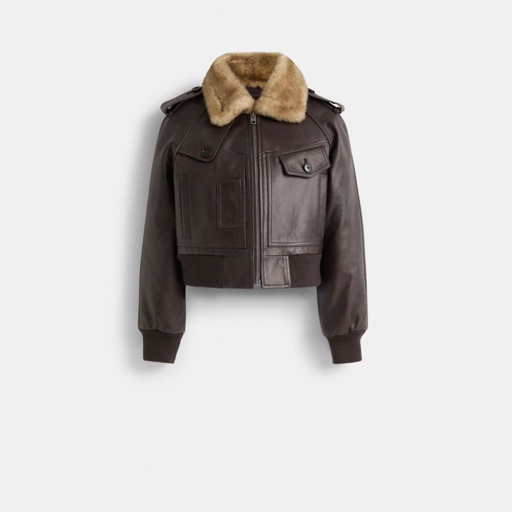 COACH®,Restored Cropped Leather Jacket,Brown,Front View