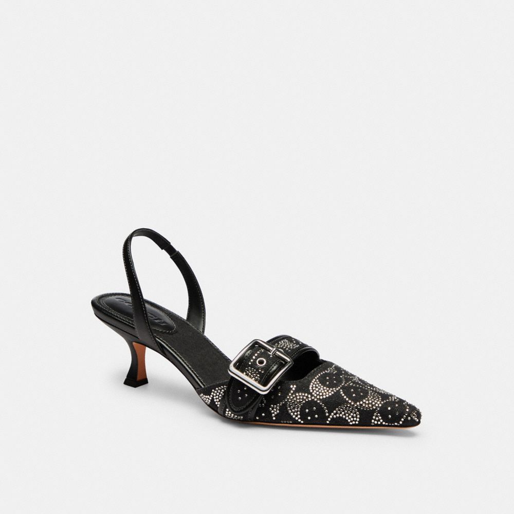 COACH®,Margot Slingback With Crystal Signature,Leather,Denim,Crystal,Logo,Formal,Black,Front View