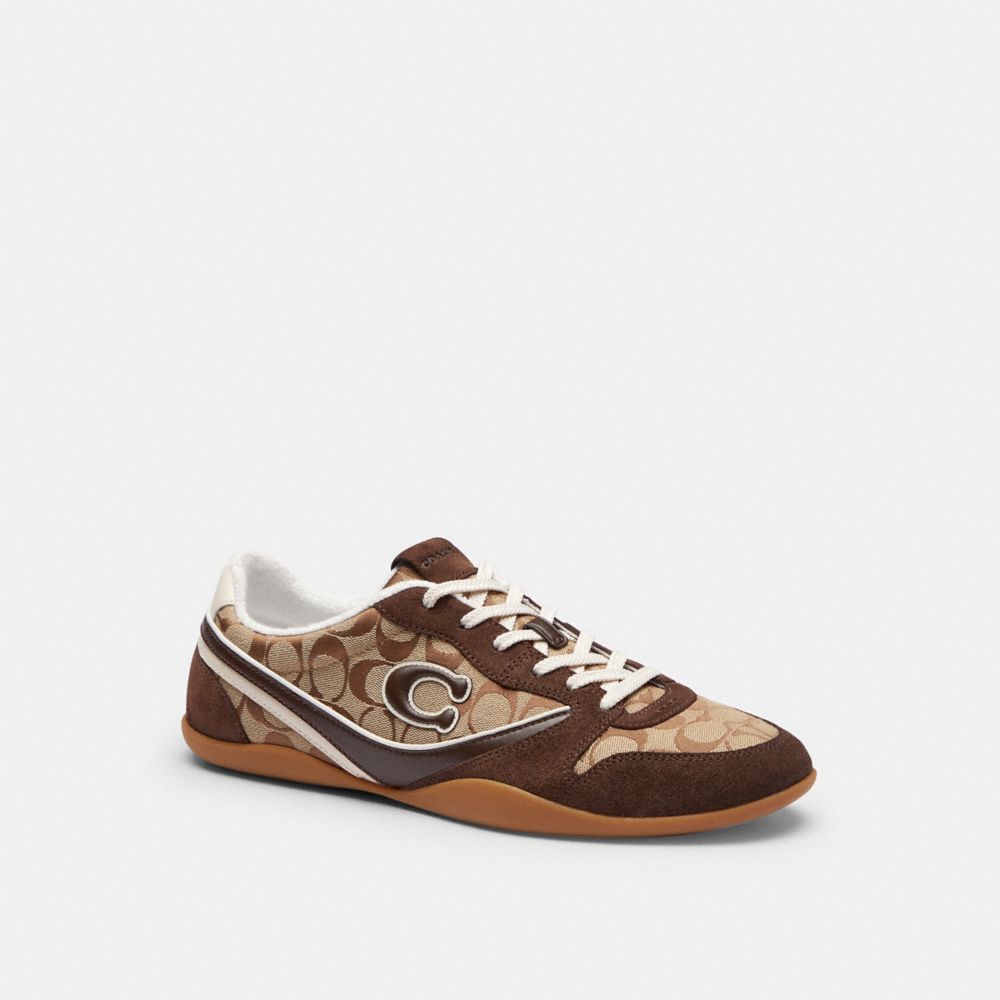 COACH®,Track Sneaker In Signature Jacquard,Recycled Polyester,Cotton,Suede,Leather,Organic Cotton,Activewear,Fabric,Pattern,G,Brown,Front View