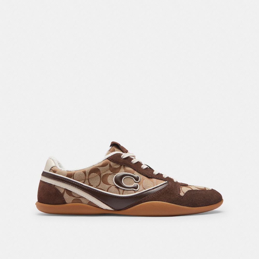 COACH®,Track Sneaker In Signature Jacquard,Recycled Polyester,Cotton,Suede,Leather,Organic Cotton,Activewear,Fabric,Pattern,G,Brown,Angle View