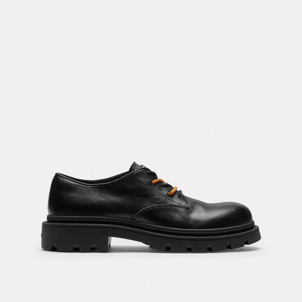 COACH®,Oxford Derby,Rubber,Synthetic,Leather,Derby Shoes,Oxford,Logo,Traction,Cushioned Outsole,Cushioned,Formal,Father's Day,Black,Angle View