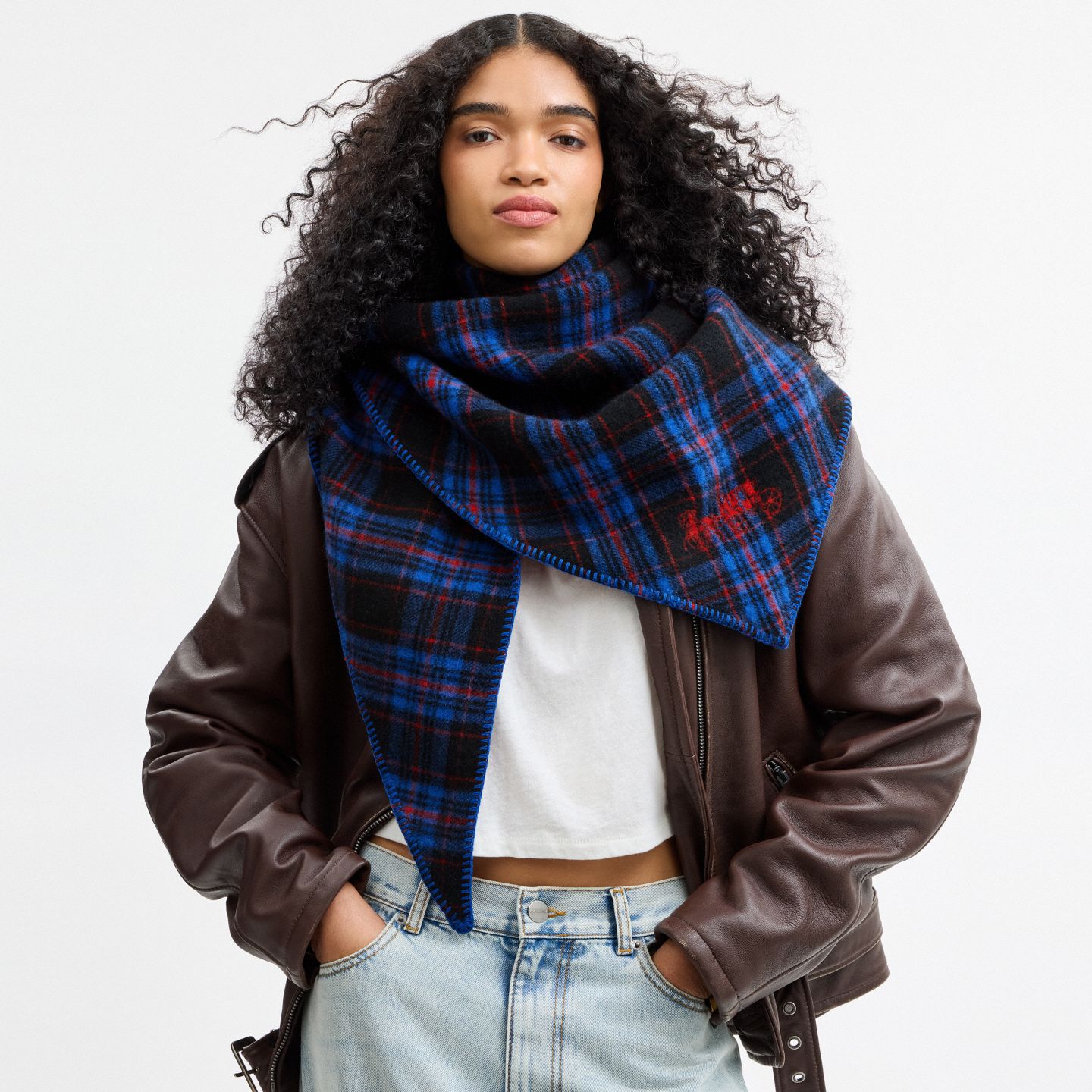 Женский шарф Coach Reversible Plaid Triangle, цвет: Синий / Красный — фото 2