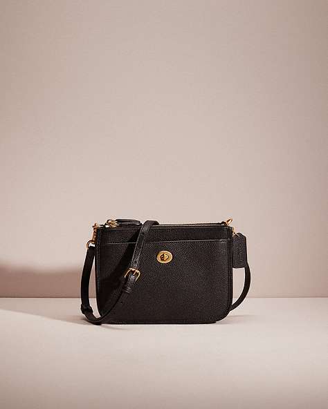 COACH®,RESTORED SLIM TURNLOCK CROSSBODY,Polished Pebble Leather,Small,Brass/Black,Front View