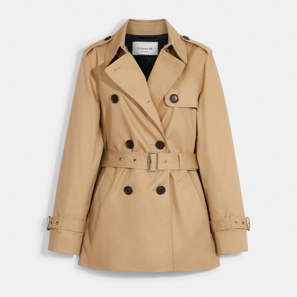 COACH®,SOLID SHORT TRENCH COAT,Classic Khaki,Front View