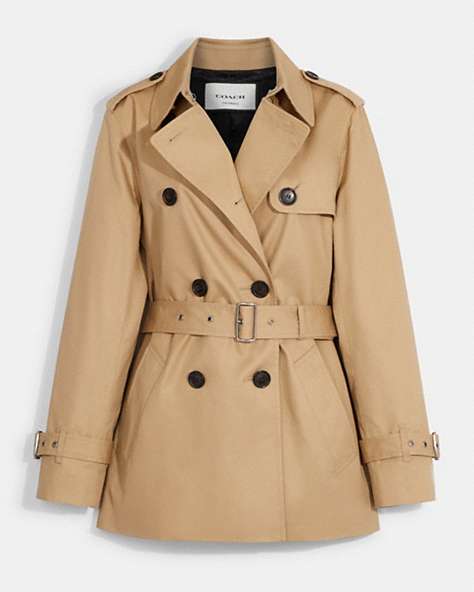 COACH®,SOLID SHORT TRENCH COAT,Classic Khaki,Front View