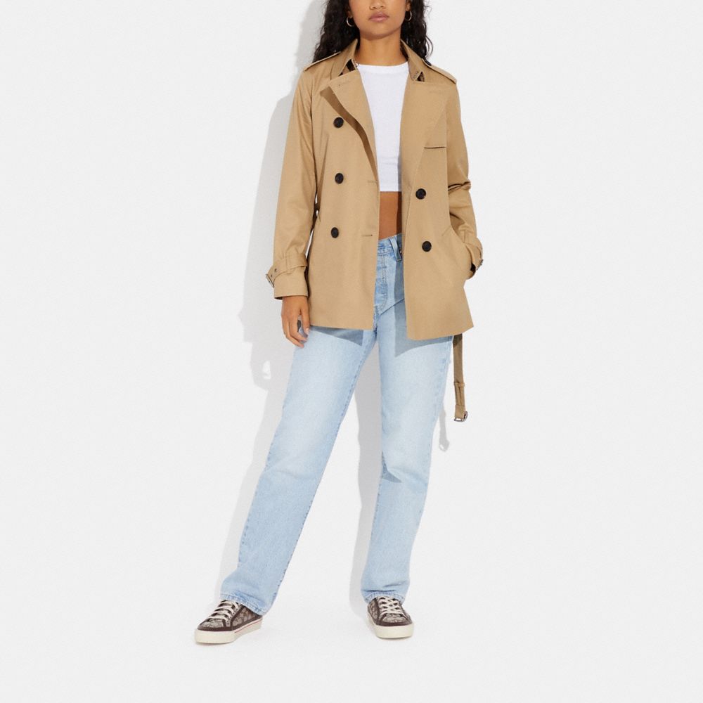 COACH®,Solid Short Trench Coat,Cotton,Polyester,Trench,Button,Work,,Scale View