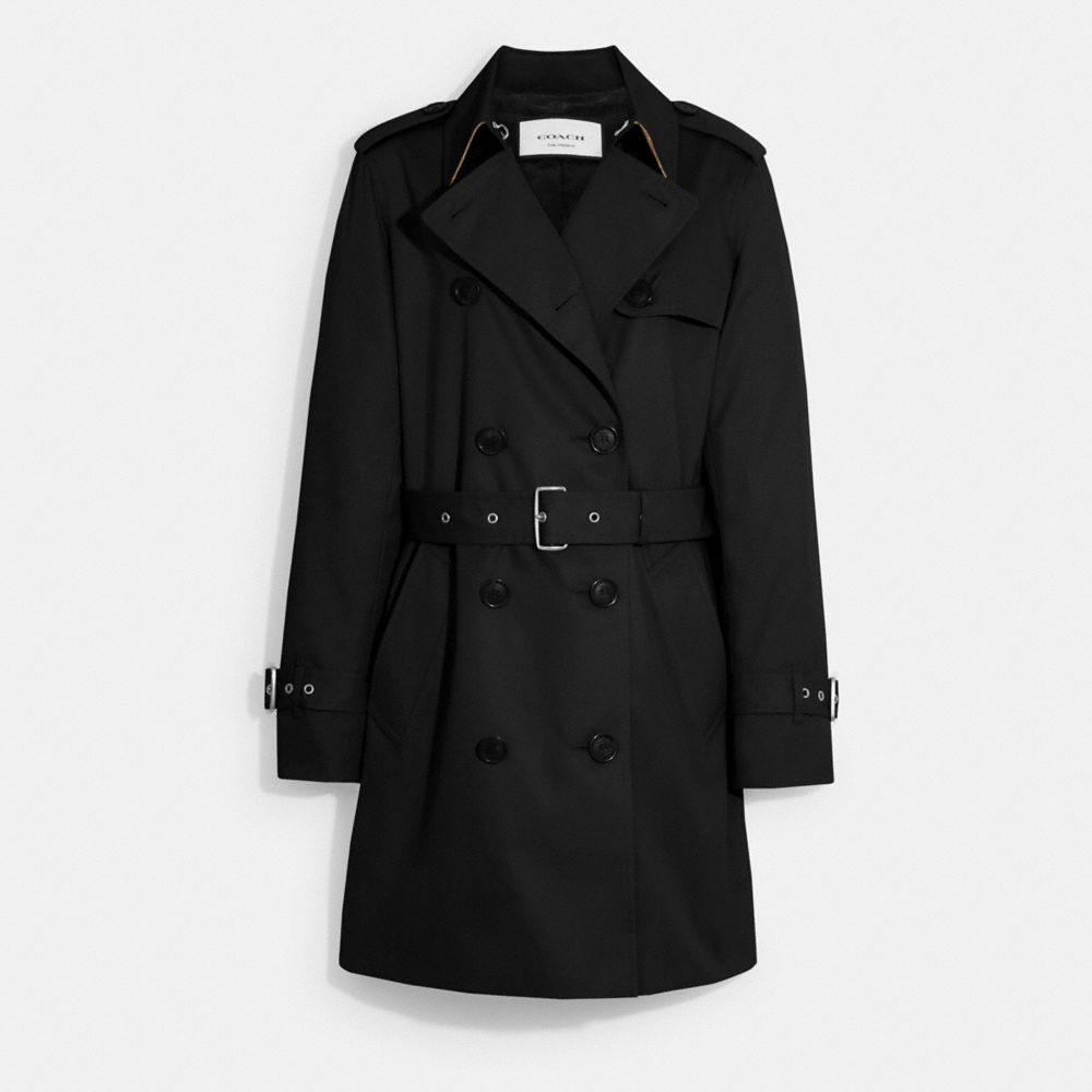 COACH®,SOLID MID TRENCH COAT,Black,Front View