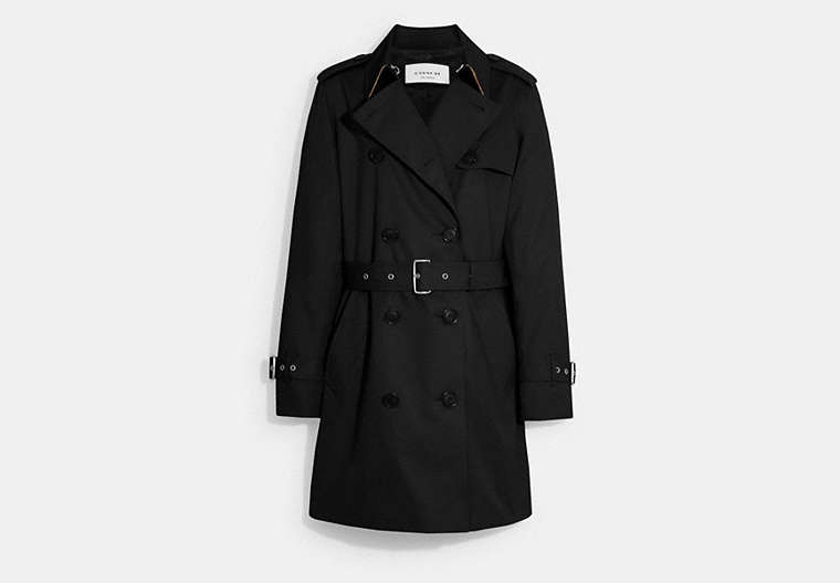 COACH®,SOLID MID TRENCH COAT,Black,Front View image number 0