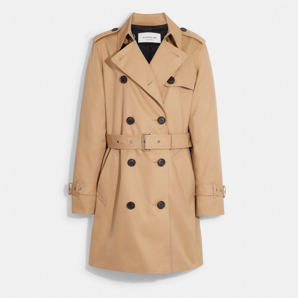 COACH®,SOLID MID TRENCH COAT,Classic Khaki,Front View