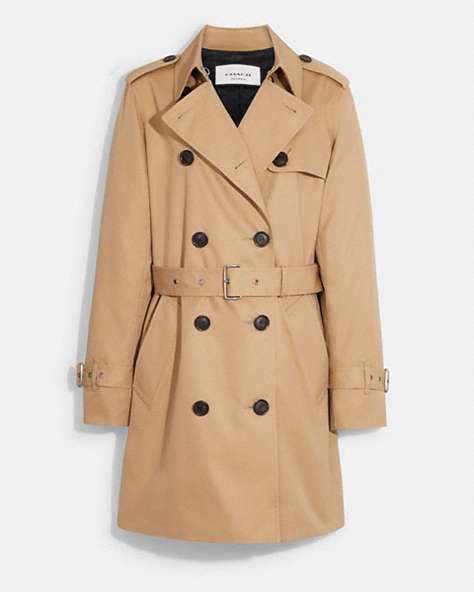 COACH®,SOLID MID TRENCH COAT,Classic Khaki,Front View