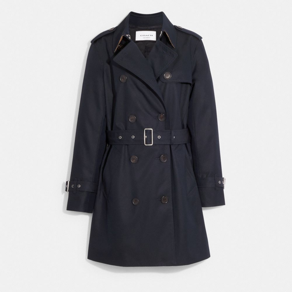 COACH®,SOLID MID TRENCH COAT,Navy,Front View image number 0