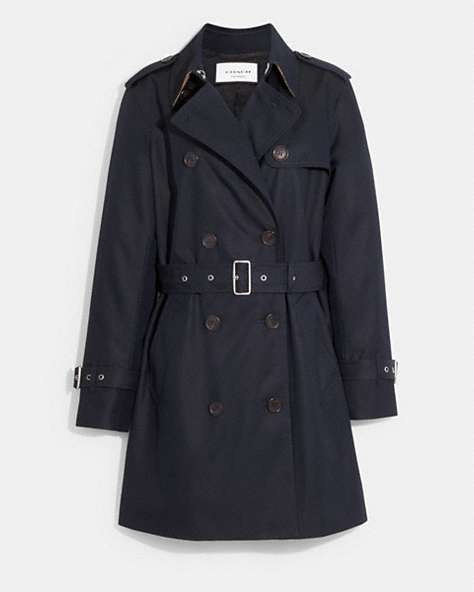 COACH®,SOLID MID TRENCH COAT,Navy,Front View